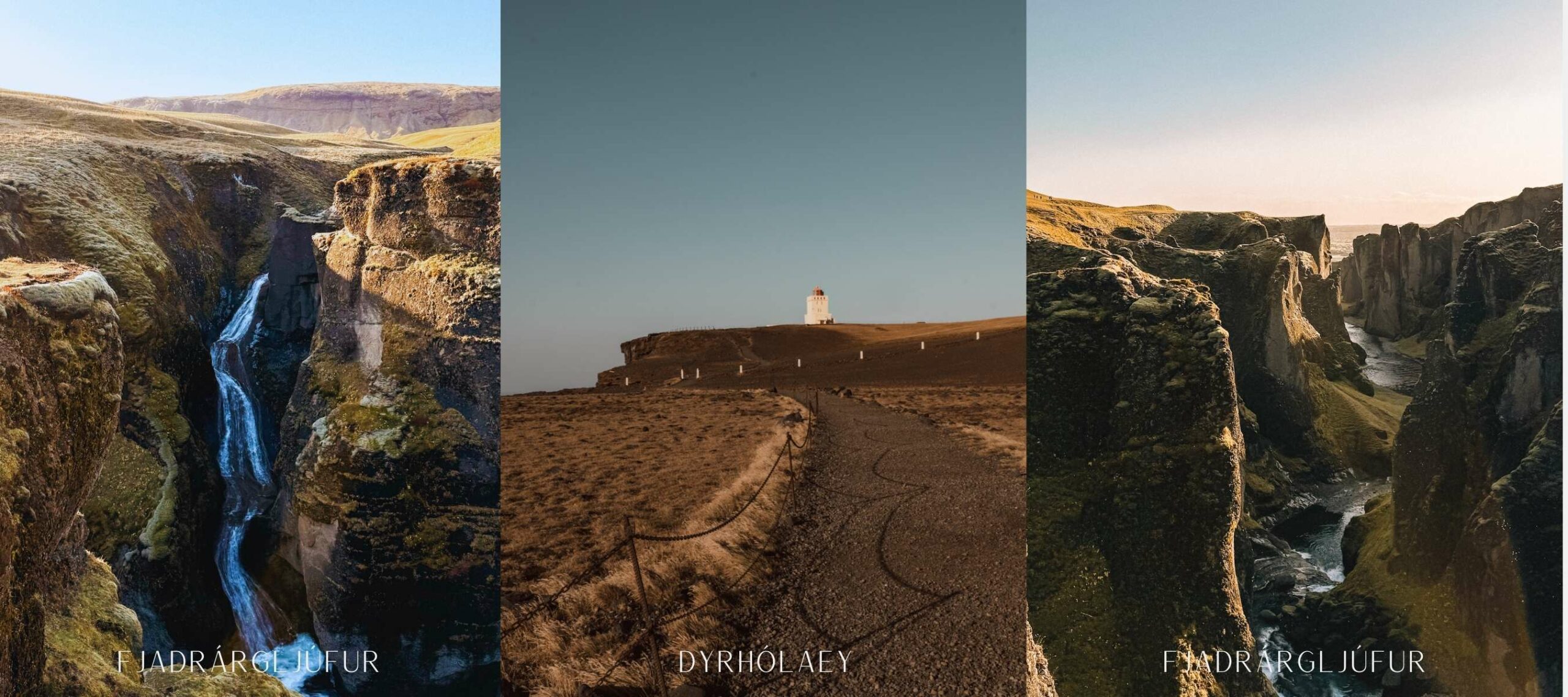 3 immagini di un canyon, una cascata e un faro, panorami islandesi