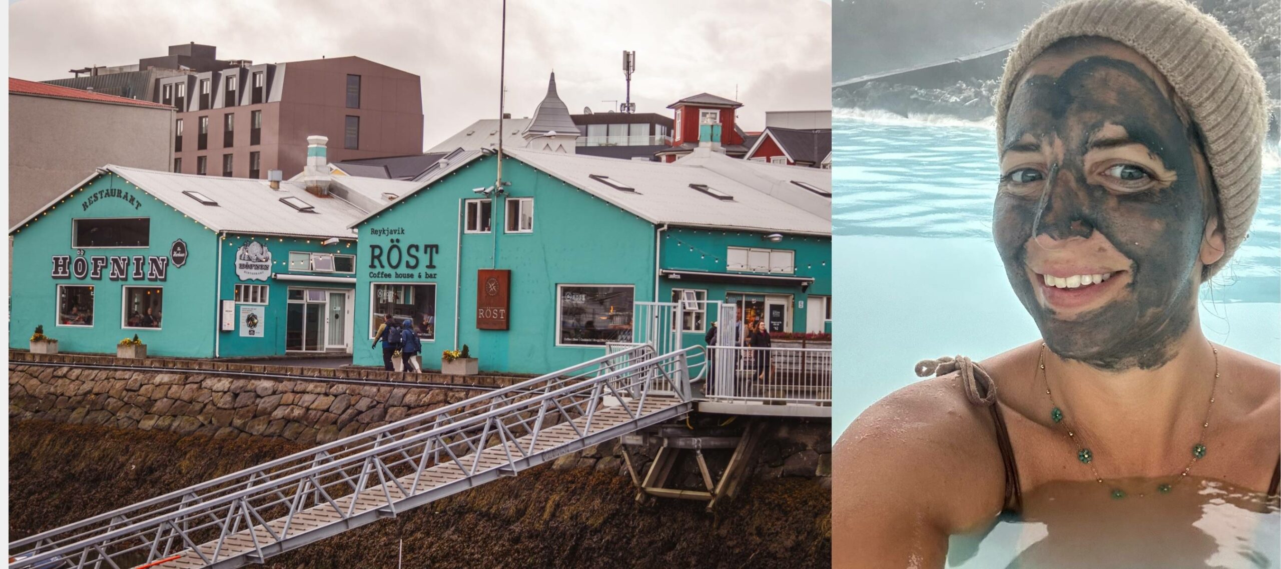 ragazza con maschera viso nella blue lagoon e e casette del porto di Reykjavik