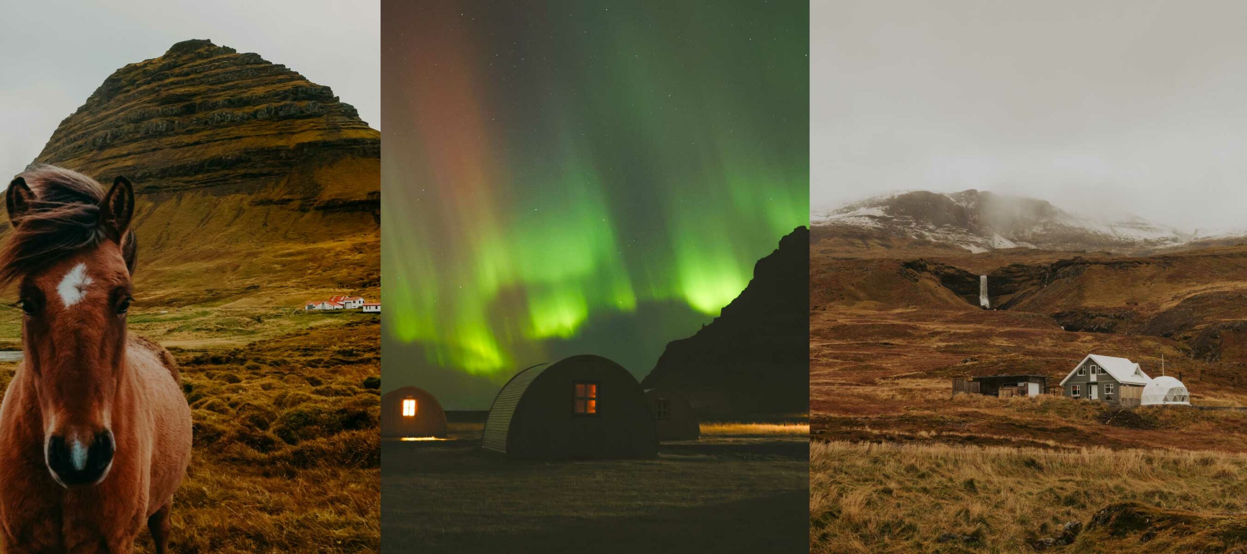 tipologie di alloggi in Islanda casetta in legno con aurora boreale e cavallo